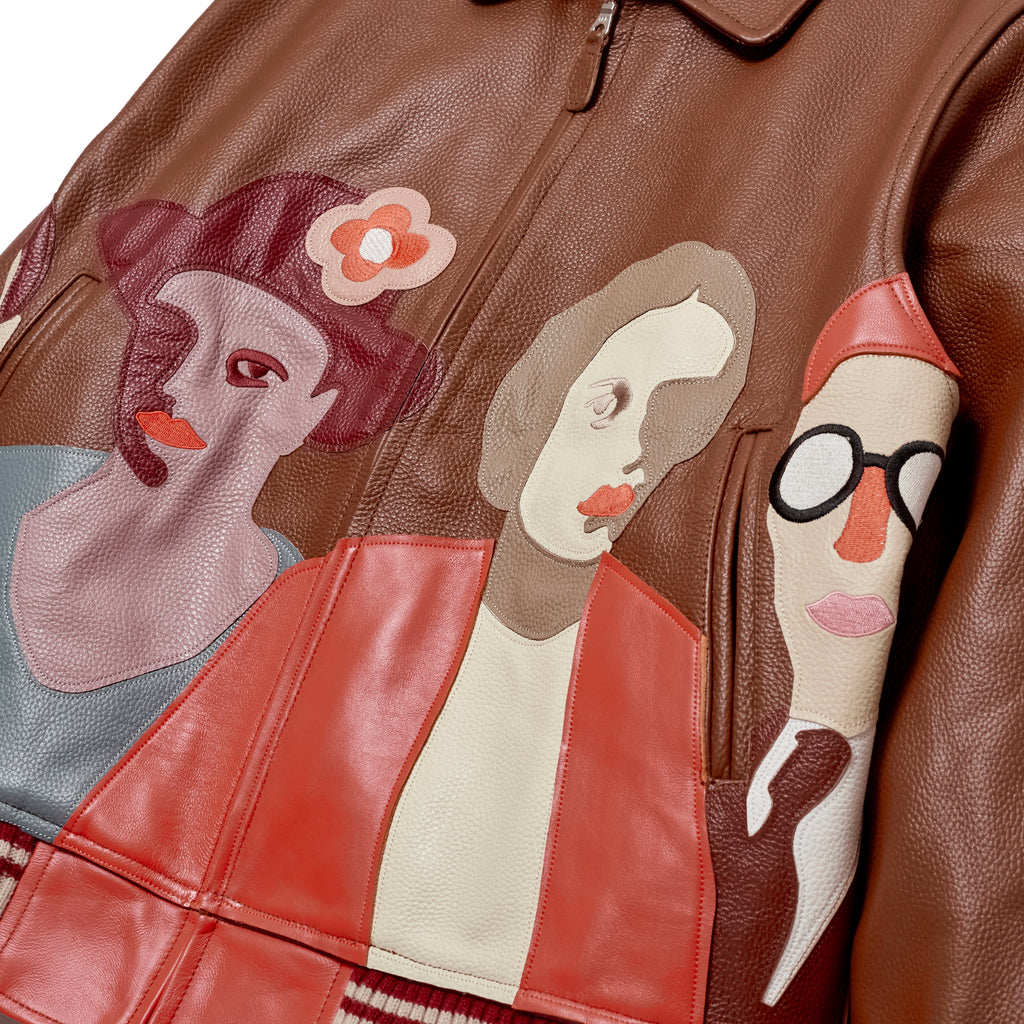 Patchwork Portraits Leather Varsity Jacket [Brown]