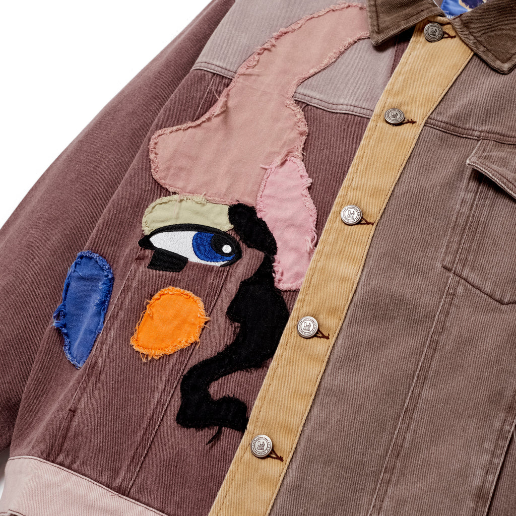 Patchwork Face Colorblocked Twill Jacket [Brown/Multi]