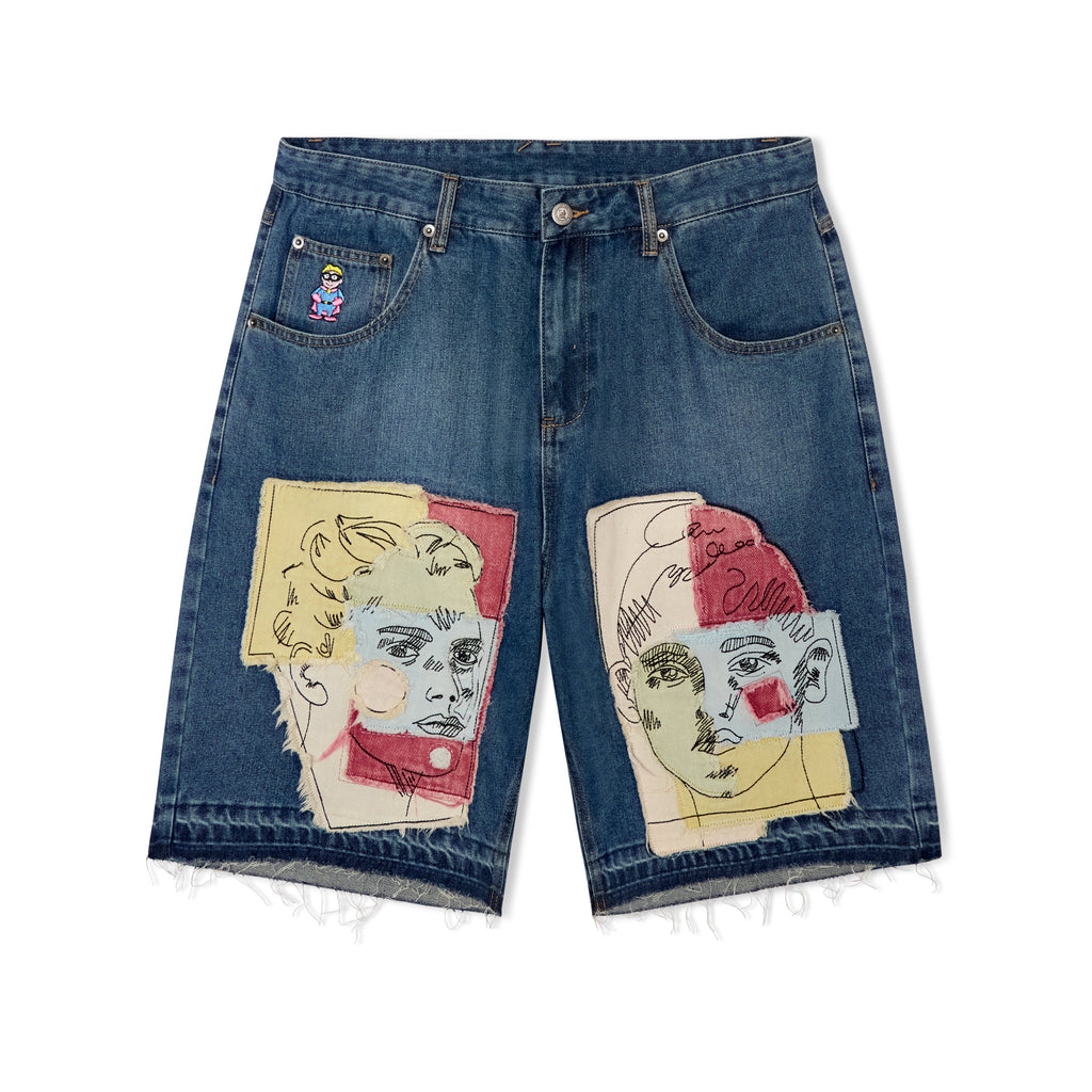 Boy & Girl Doodles Patchwork Baggy Shorts [Dark Wash]