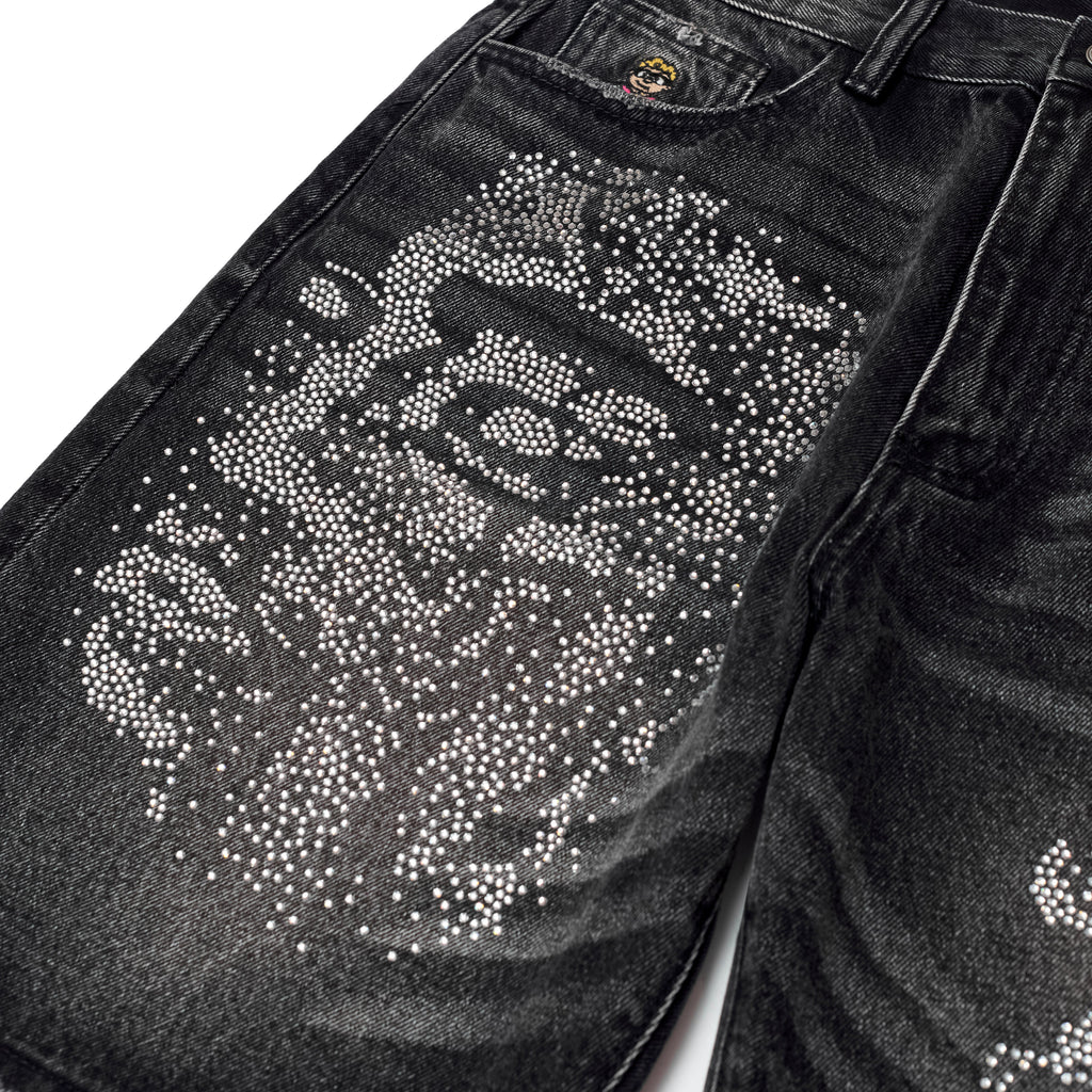 Rhinestone Face Shorts [Washed Black]