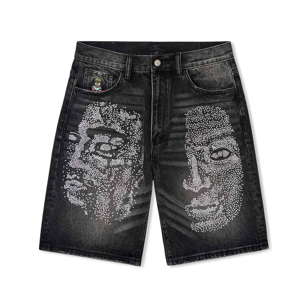 Rhinestone Face Shorts [Washed Black]
