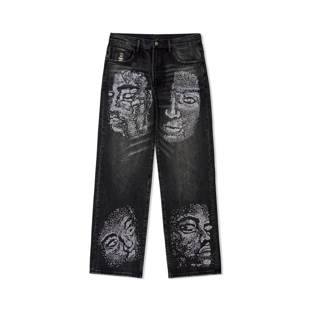 Rhinestone Face Jeans [Black]
