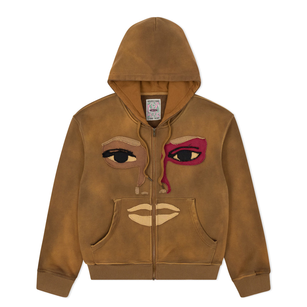 Patchwork Face Heavyweight Zip Up Hoodie [Dark Brown]