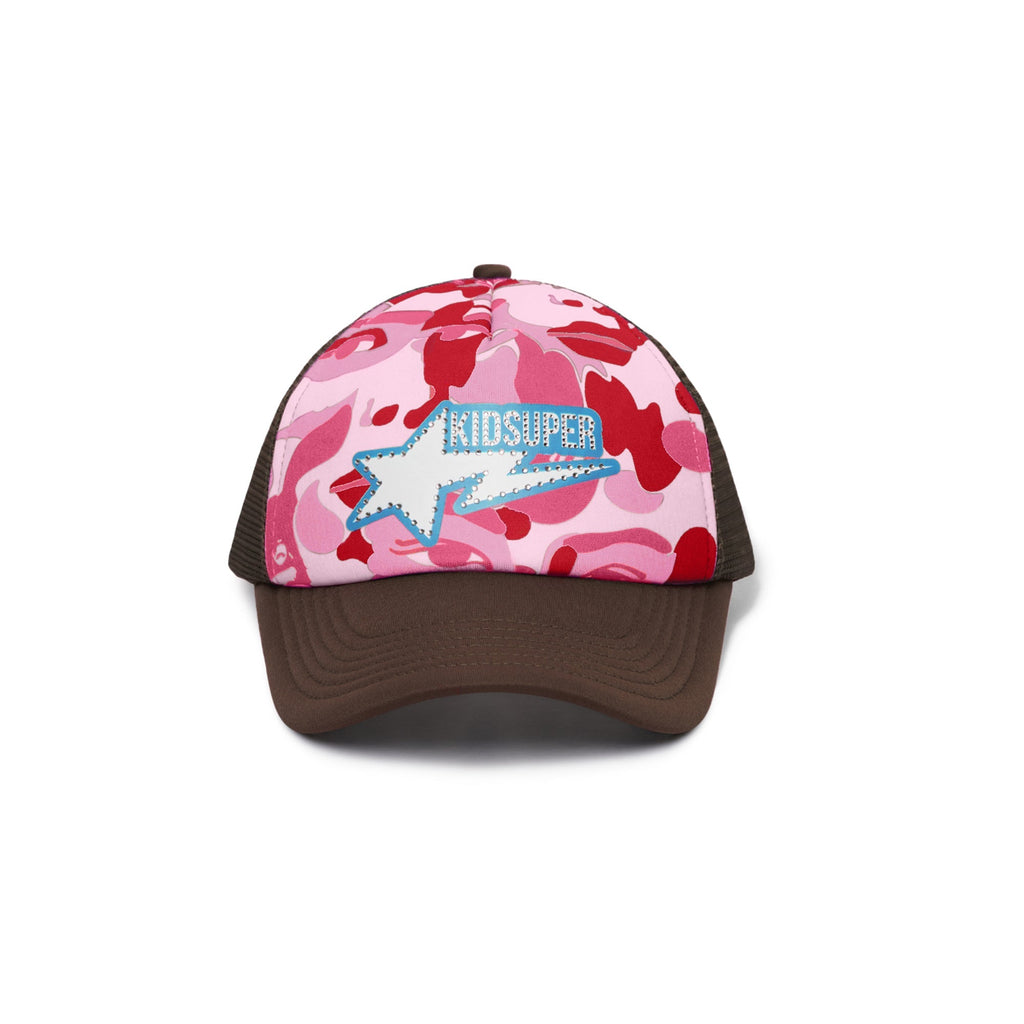 BAPE X KIDSUPER BAPE STA LOGO RHINESTONE TRUCKER CAP [PINK]
